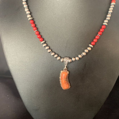 Red Apple Coral & Navajo Pearls Sterling Silver Bead Necklace with Pendant | Authentic Native American | 13437