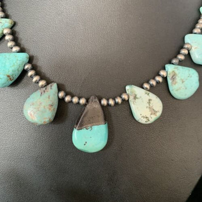 Navajo Pearls Blue Turquoise Teardrop Necklace | Sterling Silver | 20" | Authentic Native American Handmade | 13429