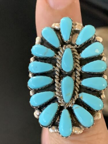 Navajo Blue Cluster Turquoise Needlepoint Ring | Authentic Native American Sterling Silver | Multi-Stone | Sz 6 | 11943