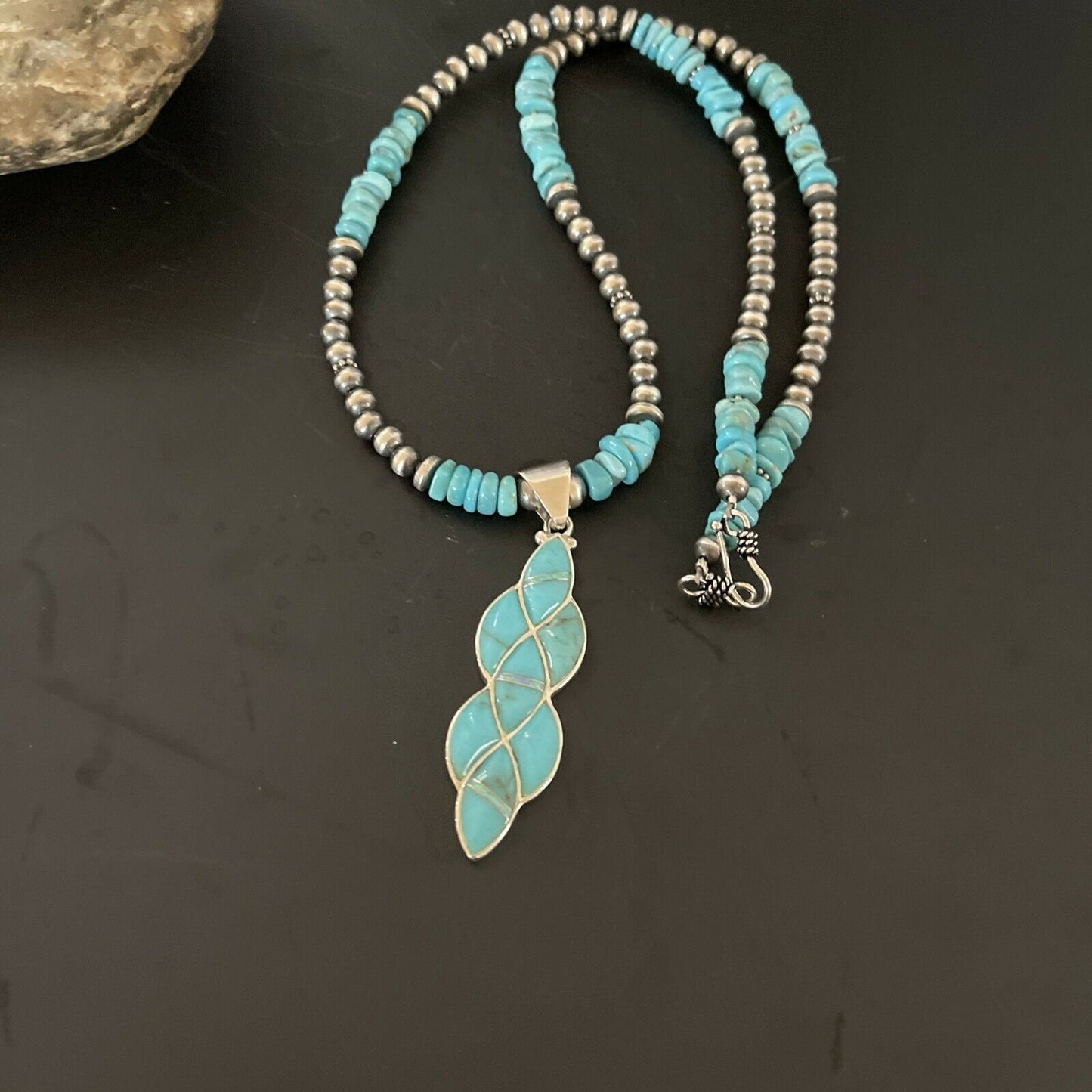 Authentic Native American Navajo Sterling Silver Pendant | Blue Turquoise & Opal Inlay Necklace | 11329