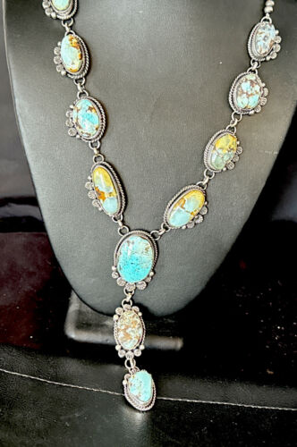 Navajo Golden Hills Turquoise Lariat Necklace | Sterling Silver | Authentic Native American Handmade | 14348