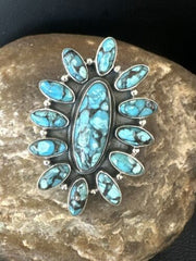 Navajo Blue Turquoise Cluster Ring | Authentic Native American Sterling Silver | Multi-Stone | Sz 6.5 | 14227