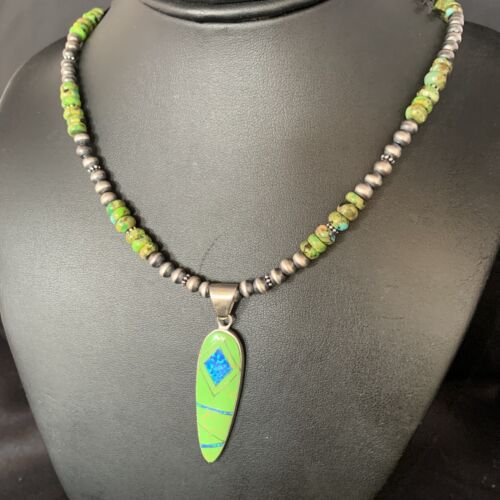 Navajo Green Turquoise Gaspeite Inlay Necklace | Sterling Silver | Authentic Native American Handmade | 13810