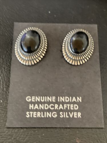 Navajo Black Onyx Stud Post Earrings | Sterling Silver | 0.5" | Authentic Native American Handmade | 12643