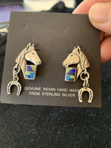 Navajo Blue Lapis & Turquoise Horse Inlay Earrings | Sterling Silver | 1" | Authentic Native American Handmade | 1514