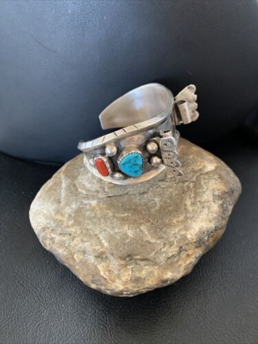 Navajo Sterling Silver Watch Cuff Bracelet | Blue Turquoise & Coral | Authentic Native American Jewelry | 12169