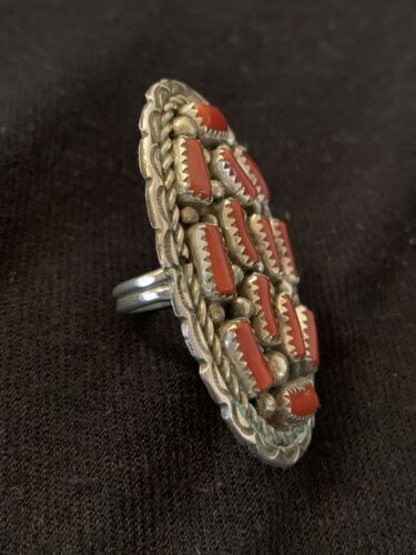 Navajo Red Coral Cluster Ring | Authentic Native American Sterling Silver | Multi-Stone | Sz 6.5 | 02220