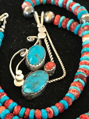 Navajo Kingman Turquoise & Spiny Oyster Pendant Necklace | Sterling Silver | 8659