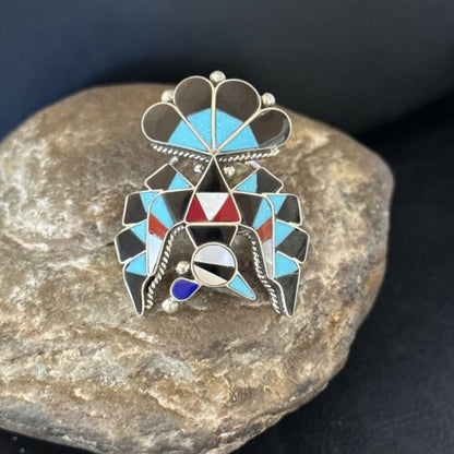 Zuni Peyote Bird Ring | Sterling Silver Turquoise Onyx Mother of Pearl Inlay | Sz 7 | 14449