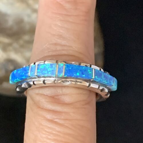 Navajo Blue Opal Inlay Ring | Sterling Silver | Sz 9 | Authentic Native American Handmade | Yazzie | 13533