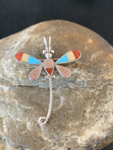 Zuni Turquoise Pink Mother of Pearl Inlay Dragonfly Necklace Pin Pendant | Sterling Silver | 12325