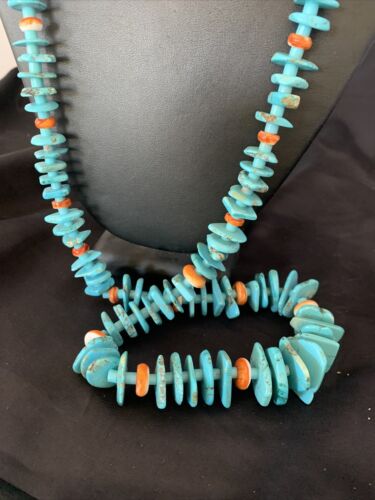 Authentic Native American Santo Domingo Necklace | Sterling Silver & Spiny Turquoise | 36" Graduated | 12067