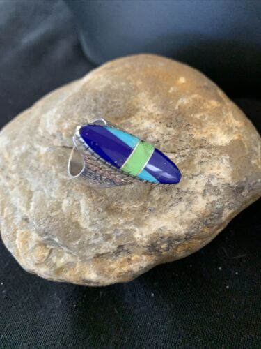 Navajo Multi-Color Lapis & Turquoise Inlay Ring | Sterling Silver | Sz 7 | Authentic Native American Handmade | 01576