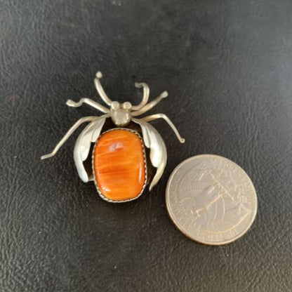 Navajo Spider Pin | Sterling Silver | Orange Spiny Oyster | Authentic Native American Handmade | 13698