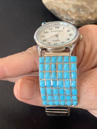 Men's Zuni Sterling Silver Watch with Blue Turquoise Inlay Tips | Authentic Native American Jewelry | 2120