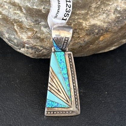 Navajo Sterling Silver Blue Opal Inlay Pendant | Authentic Native American Jewelry | 12351
