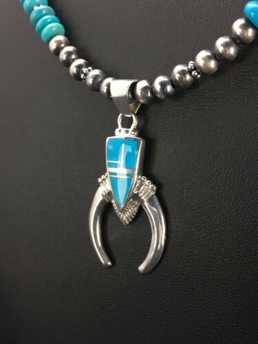 Navajo Blue Turquoise Naja Pendant Necklace | Sterling Silver | Authentic Native American Handmade | 2699 - Masha USA