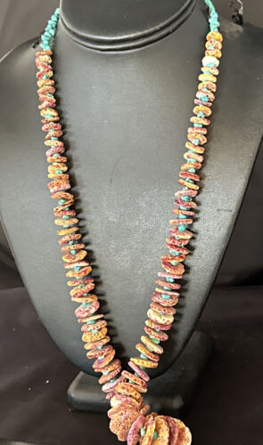 Navajo Purple Spiny Oyster & Turquoise Necklace | Sterling Silver | Authentic Native American | 28" | 14624