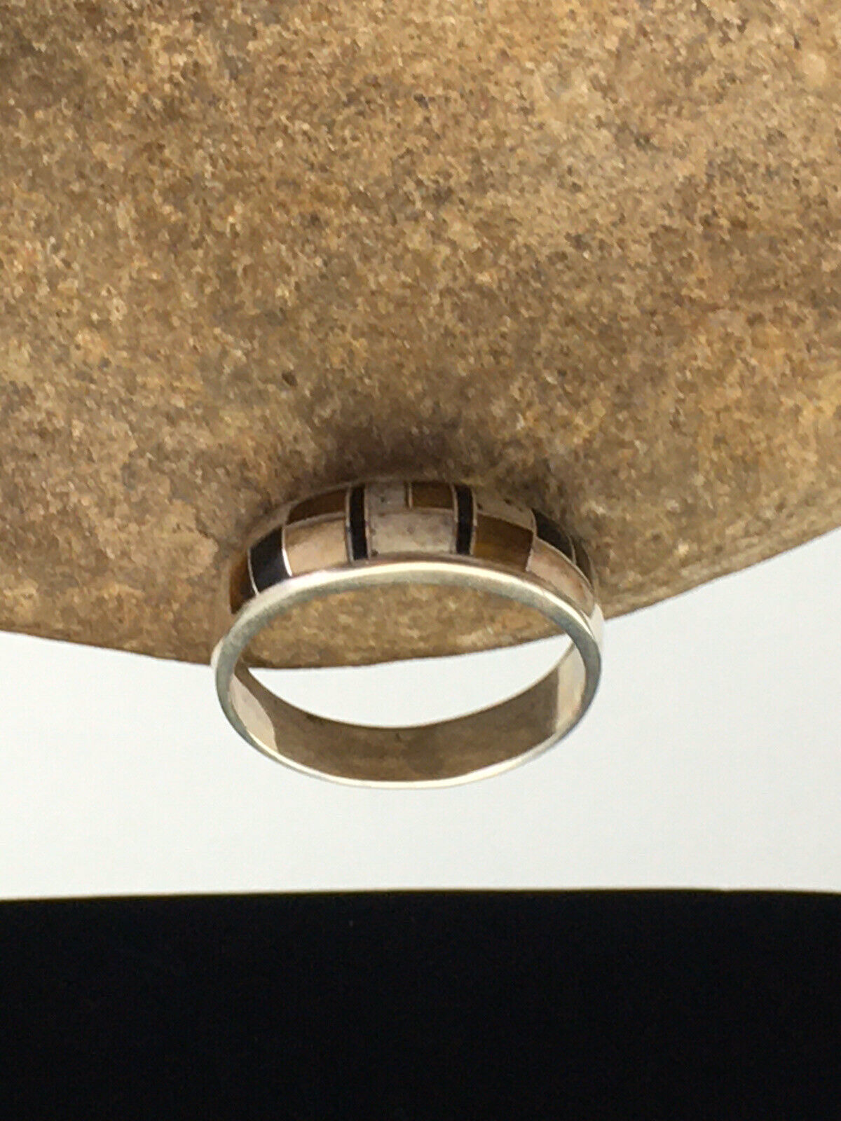 Navajo Sterling Silver Onyx, Coffee Tiger's Eye & Jasper Inlay Ring | Sz 14 | Authentic Native American Handmade | 1709