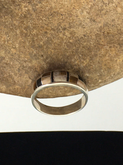 Navajo Sterling Silver Onyx, Coffee Tiger's Eye & Jasper Inlay Ring | Sz 14 | Authentic Native American Handmade | 1709