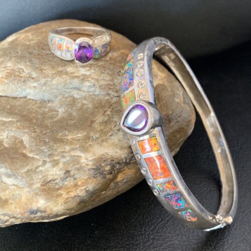 Old Pawn Navajo Opal Amethyst Bracelet | Sterling Silver | 7" | Sz 7 | Authentic Native American Handmade | 13121