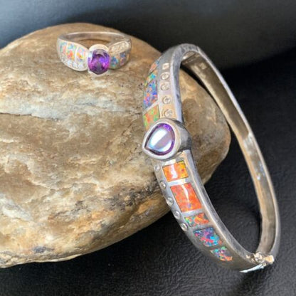 Old Pawn Navajo Opal Amethyst Bracelet | Sterling Silver | 7" | Sz 7 | Authentic Native American Handmade | 13121