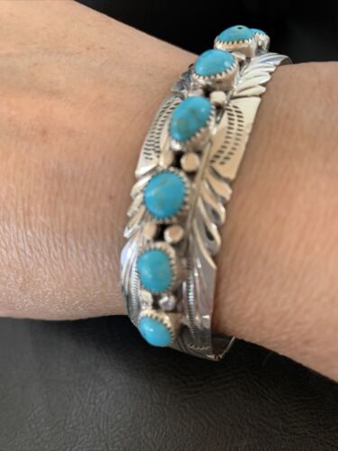 Navajo Kingman Turquoise Cuff Bracelet | Sterling Silver | 7 Stone | Authentic Native American Handmade | 12314
