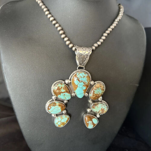 Navajo Blue #8 Turquoise Squash Blossom Necklace Pendant | Authentic Native American Sterling Silver | Naja | 14241
