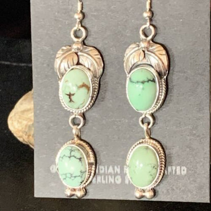 Navajo Green Spiderweb Turquoise Dangle Earrings | Sterling Silver | Authentic Native American Handmade | 13551