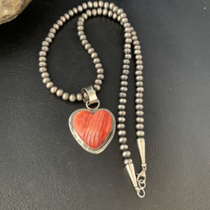 Navajo Red Heart Spiny Oyster Pendant Necklace | Sterling Silver | Authentic Native American Handmade | 13951 - Masha USA