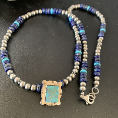 Navajo Men's Blue Lapis Turquoise Opal Inlay Pendant Necklace | Sterling Silver | 22" | 13358
