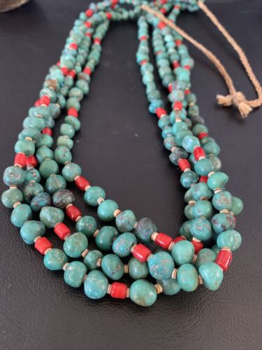 Native American Santo Domingo Blue Turquoise Coral Nugget Bead Necklace | 34" | 13183
