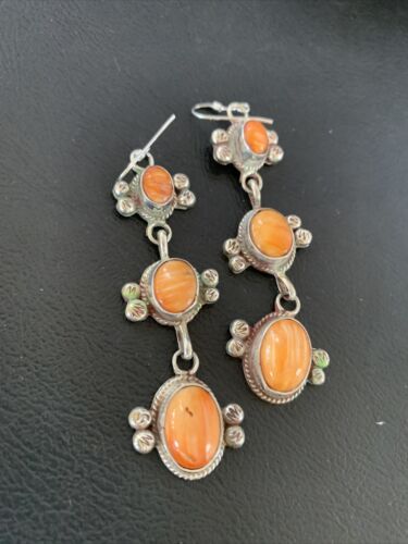 Navajo Orange Spiny Oyster Dangle Earrings | Sterling Silver | Authentic Native American Handmade | 1231