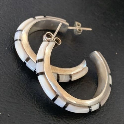 Navajo Pink Mother of Pearl and Onyx Inlay Hoop Earrings | Sterling Silver | Authentic Native American Handmade | 12674
