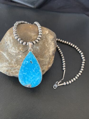 Navajo Pearls Blue Kingman Turquoise Necklace Pendant | Sterling Silver | Authentic Native American Handmade | 11810