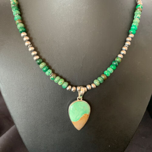 Navajo Green Turquoise Pendant Necklace | Sterling Silver Beads | Authentic Native American Handmade | 13366