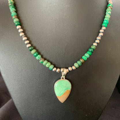 Navajo Green Turquoise Pendant Necklace | Sterling Silver Beads | Authentic Native American Handmade | 13366