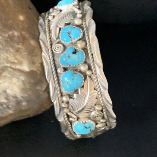 Native American Men's Blue Kingman Turquoise Cuff Bracelet | Sterling Silver | 14135