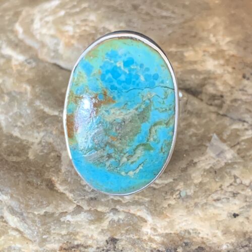 USA Navajo Adjustable Sterling Silver Blue Kingman Turquoise Ring Sz 8 12795