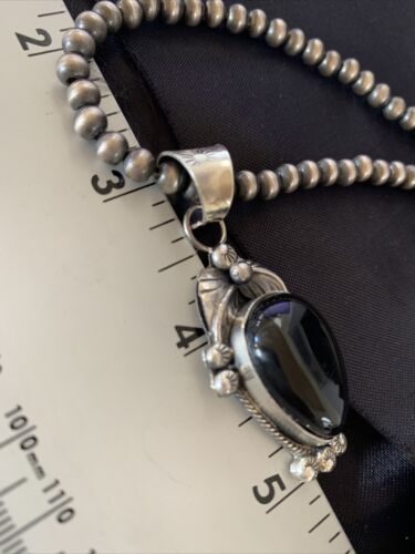 Native American Men's Navajo Pearls Necklace Pendant | Sterling Silver Black Onyx | 13099