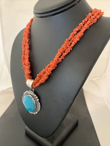Navajo Sterling Silver Coral Bead Necklace | Turquoise Pendant | Multi-Strand 21" | 00766