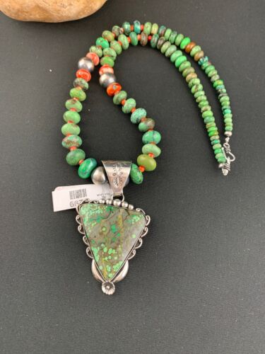 Spiderweb Turquoise Pendant | Spiny Beads | Navajo Sterling Necklace 21" | 4723