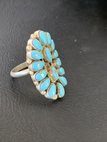 Navajo Blue Cluster Turquoise Needlepoint Ring | Authentic Native American Sterling Silver | Multi-Stone | Sz 8 | 11942