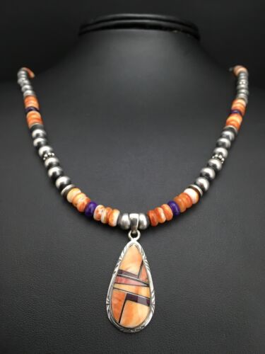 Navajo Spiny Oyster Pendant with Sugilite Inlay | Sterling Silver Necklace | Authentic Native American Handmade | 4879