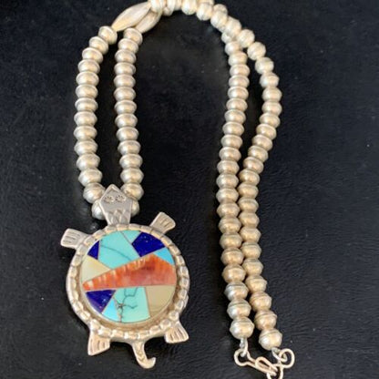 Turtle Inlay Pendant | Navajo Lapis Turquoise Sterling Necklace 24" | Handmade Southwestern Jewelry | 13680