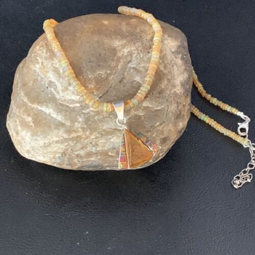Navajo Yellow Opal Amber Inlay Pendant | Sterling Silver Necklace | Authentic Native American Handmade | 13417
