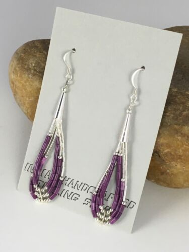 Native American Sugilite Heishi Tube Dangle Earrings | Sterling Silver | 2" | 8874