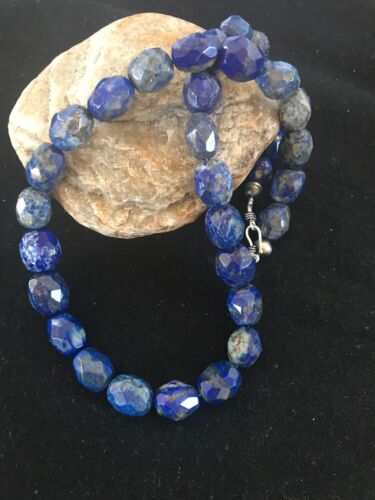 Navajo Chunky Faceted Denim Lapis Beads Necklace | Sterling Silver | Authentic Native American Handmade | 21" | 13973