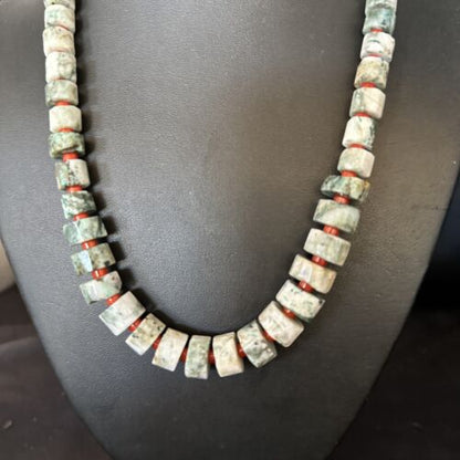 Native American Sterling Silver Necklace | Grey White Jasper Coral | 20" | 14430
