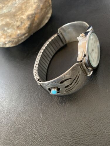 Men's Navajo Bear Paw Watch Tips | Sterling Silver & Blue Turquoise Band | Authentic Native American Jewelry | 11575